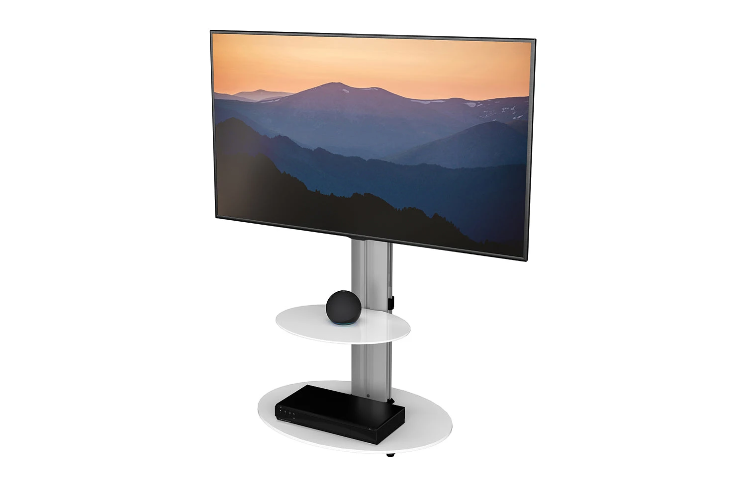 AFV Eno 60cm Pedestal TV Stand With Shelf For TVs 32-55" | Silver & White Glass | FSL600ENSW 5 AFV Eno 60cm Pedestal TV Stand With Shelf For TVs 32-55" | Silver & White Glass | FSL600ENSW - Image 3