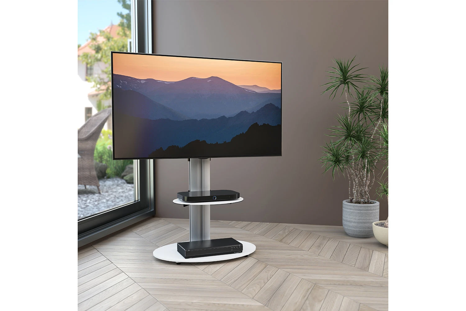 AFV Eno 60cm Pedestal TV Stand With Shelf For TVs 32-55" | Silver & White Glass | FSL600ENSW 4 AFV Eno 60cm Pedestal TV Stand With Shelf For TVs 32-55" | Silver & White Glass | FSL600ENSW - Image 2