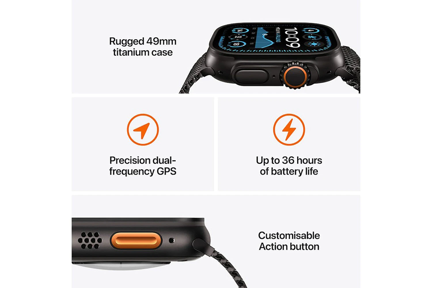 Apple Watch Ultra 2 GPS + Cellular | 49mm | Black Titanium Case With Black Trail Loop S/M 5 Apple Watch Ultra 2 GPS + Cellular | 49mm | Black Titanium Case With Black Trail Loop S/M - Image 3